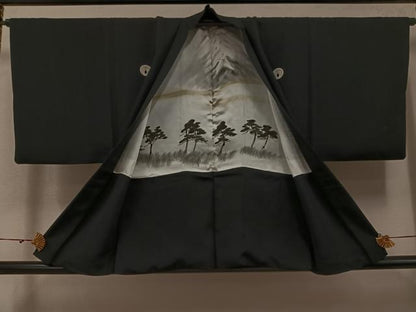 平和屋着物●男性　黒紋付・羽織セット　正絹　逸品　AABI4926ph