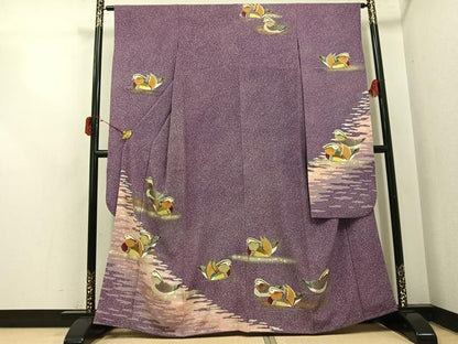 平和屋着物●豪華振袖　友禅　作家物　鴛鴦文　たたき染め　金銀彩　正絹　逸品　AABI4934ph