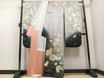 平和屋着物●豪華振袖　駒刺繍　花蝶文　暈し染め　金銀彩　正絹　逸品　AABI4935ph