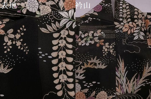 平和屋着物●上質な小紋　摺型友禅　流水草花文　黒地　金彩　正絹　逸品　AABI4947ph