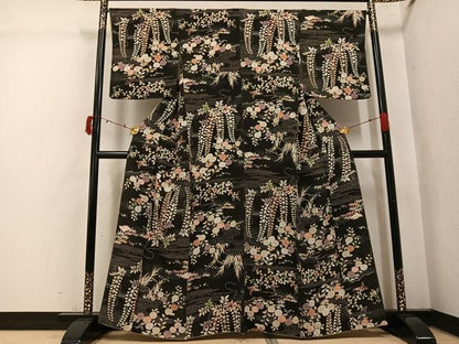 平和屋着物●上質な小紋　摺型友禅　流水草花文　黒地　金彩　正絹　逸品　AABI4947ph