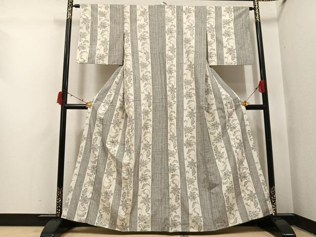 平和屋着物●結城紬　更紗唐草間道　正絹　逸品　AABI4951ph