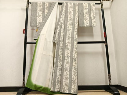 平和屋着物●結城紬　更紗唐草間道　正絹　逸品　AABI4951ph