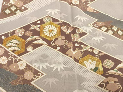 平和屋着物●豪華色留袖　駒刺繍　草花宝尽くし　金彩　正絹　逸品　AABI4954ph