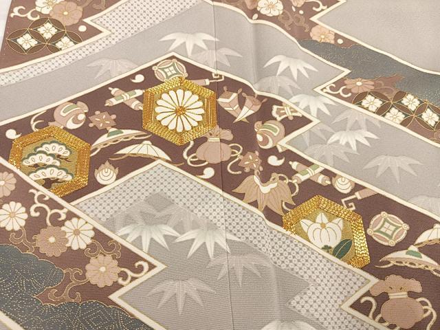 平和屋着物●豪華色留袖　駒刺繍　草花宝尽くし　金彩　正絹　逸品　AABI4954ph
