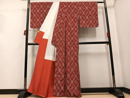 平和屋着物●本場琉球絣　紬　蘇芳色　正絹　逸品　未使用　AABI4960ph