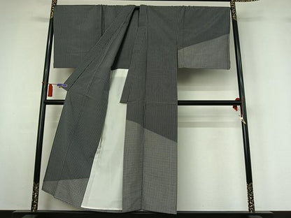 平和屋着物▽男性　訪問着　単衣　紬地　格子　キングサイズ　正絹　逸品　AABI4961jh