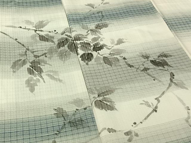 平和屋着物▽男性　訪問着　単衣　お召地　手描き　枝葉文　キングサイズ　正絹　逸品　AABI4965jh