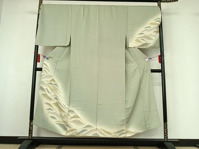 平和屋着物▽男性　訪問着　単衣　刺繍　風景花文　暈し染め　金糸　正絹　逸品　AABI4966jh