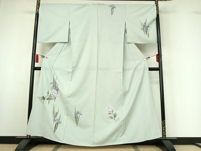 平和屋着物▽訪問着　単衣　紬地　手描き　草花文　正絹　逸品　AABI4968jh
