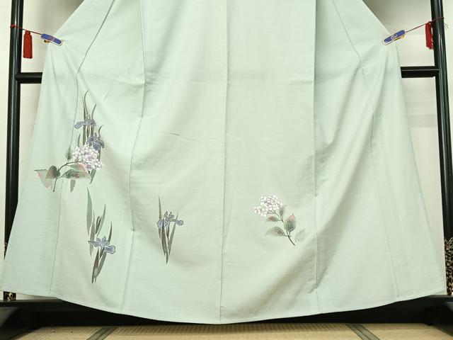 平和屋着物▽訪問着　単衣　紬地　手描き　草花文　正絹　逸品　AABI4968jh