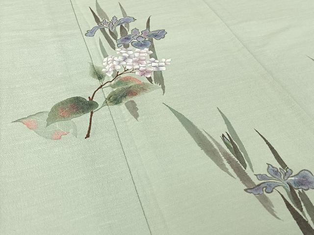 平和屋着物▽訪問着　単衣　紬地　手描き　草花文　正絹　逸品　AABI4968jh