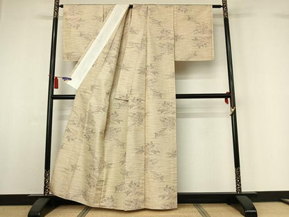 平和屋着物▽上質な紬　単衣　草花文　正絹　逸品　AABI4969jh