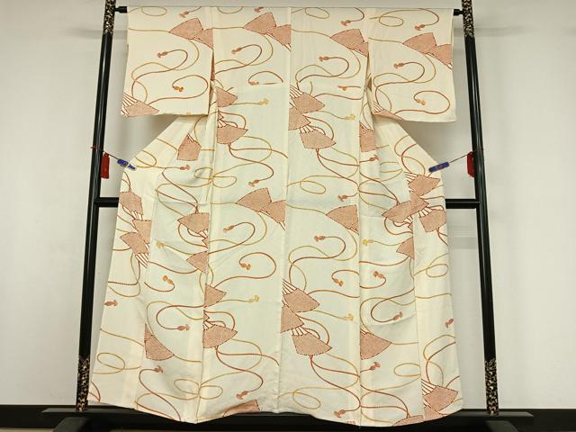 平和屋着物▽上質な小紋　単衣　舞扇文　正絹　逸品　AABI4972jh