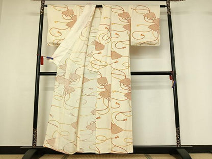 平和屋着物▽上質な小紋　単衣　舞扇文　正絹　逸品　AABI4972jh