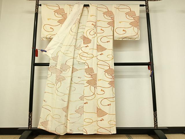 平和屋着物▽上質な小紋　単衣　舞扇文　正絹　逸品　AABI4972jh