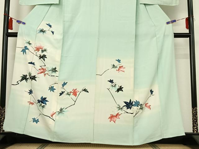 平和屋着物▽訪問着　単衣　枝葉文　暈し染め　金彩　正絹　逸品　AABI4974jh