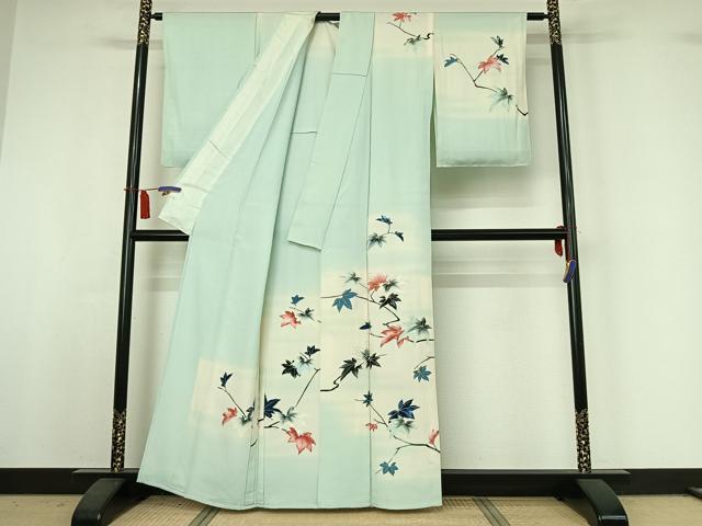 平和屋着物▽訪問着　単衣　枝葉文　暈し染め　金彩　正絹　逸品　AABI4974jh