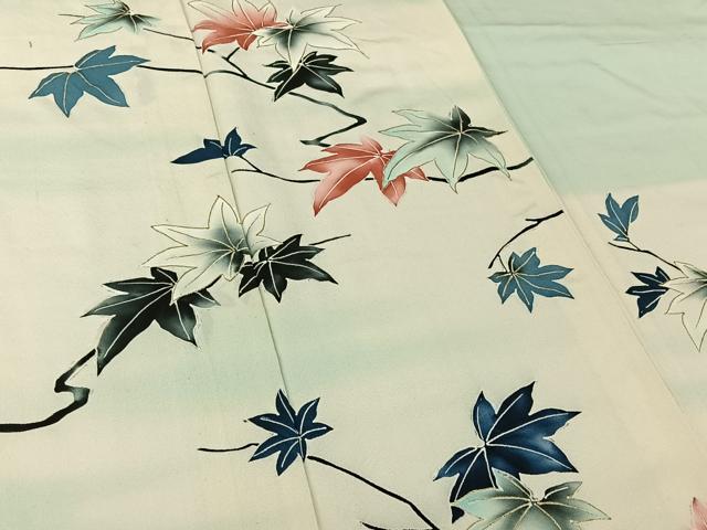 平和屋着物▽訪問着　単衣　枝葉文　暈し染め　金彩　正絹　逸品　AABI4974jh