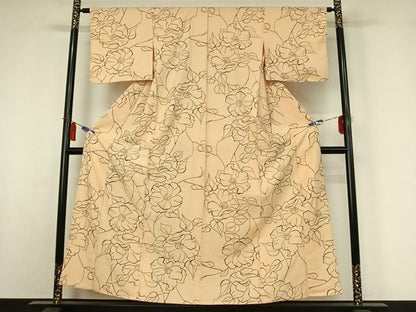 平和屋着物▽上質な紬　単衣　手描き　草花文　正絹　逸品　AABI4975jh