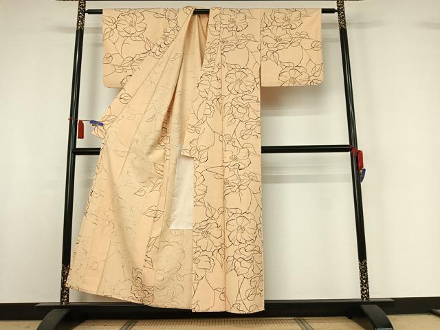 平和屋着物▽上質な紬　単衣　手描き　草花文　正絹　逸品　AABI4975jh