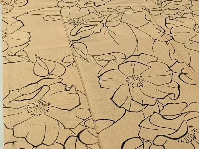 平和屋着物▽上質な紬　単衣　手描き　草花文　正絹　逸品　AABI4975jh