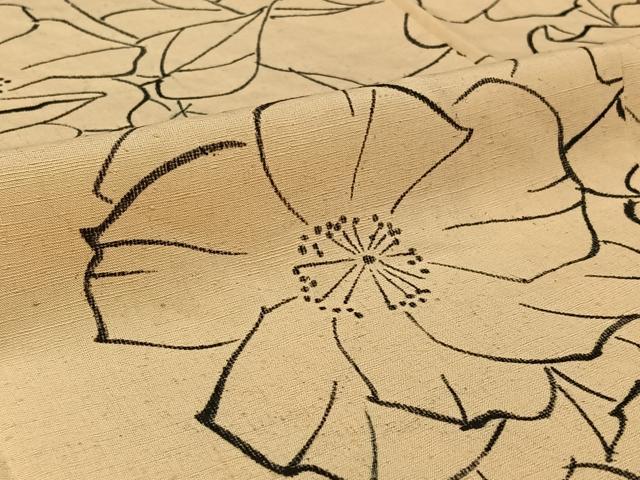 平和屋着物▽上質な紬　単衣　手描き　草花文　正絹　逸品　AABI4975jh