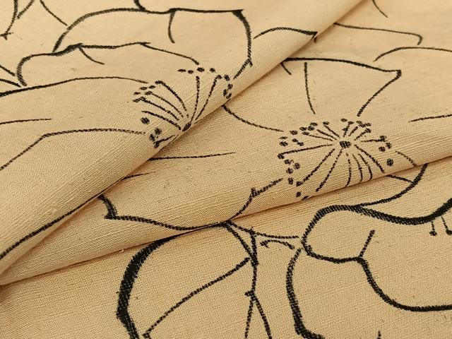 平和屋着物▽上質な紬　単衣　手描き　草花文　正絹　逸品　AABI4975jh