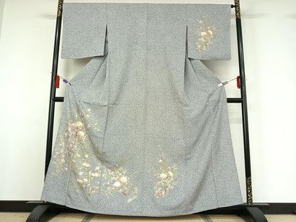 平和屋着物▽訪問着　単衣　草花文　暈し染め　金彩　正絹　逸品　AABI4981jh