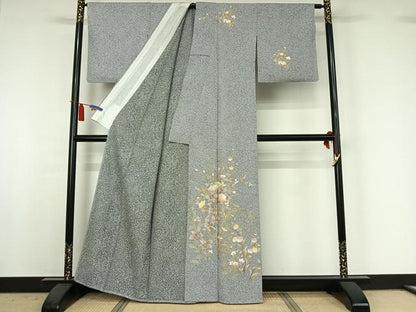 平和屋着物▽訪問着　単衣　草花文　暈し染め　金彩　正絹　逸品　AABI4981jh
