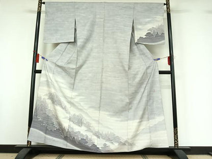 平和屋着物▽石川県指定無形文化財　牛首紬　白山工房　手織り　訪問着　単衣　風景文　暈し染め　正絹　逸品　AABI4982jh