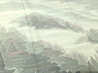 平和屋着物▽石川県指定無形文化財　牛首紬　白山工房　手織り　訪問着　単衣　風景文　暈し染め　正絹　逸品　AABI4982jh