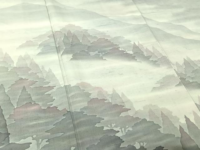 平和屋着物▽石川県指定無形文化財　牛首紬　白山工房　手織り　訪問着　単衣　風景文　暈し染め　正絹　逸品　AABI4982jh