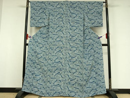 平和屋着物▽上質な小紋　単衣　藍　型染め　葉尽くし　鬼しぼ縮緬　正絹　逸品　AABI4989jh