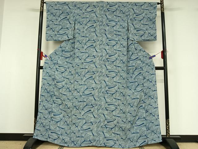 平和屋着物▽上質な小紋　単衣　藍　型染め　葉尽くし　鬼しぼ縮緬　正絹　逸品　AABI4989jh