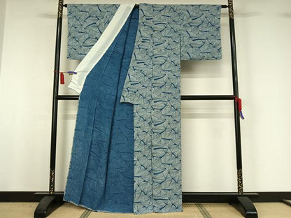 平和屋着物▽上質な小紋　単衣　藍　型染め　葉尽くし　鬼しぼ縮緬　正絹　逸品　AABI4989jh