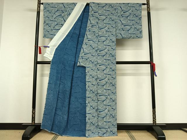 平和屋着物▽上質な小紋　単衣　藍　型染め　葉尽くし　鬼しぼ縮緬　正絹　逸品　AABI4989jh