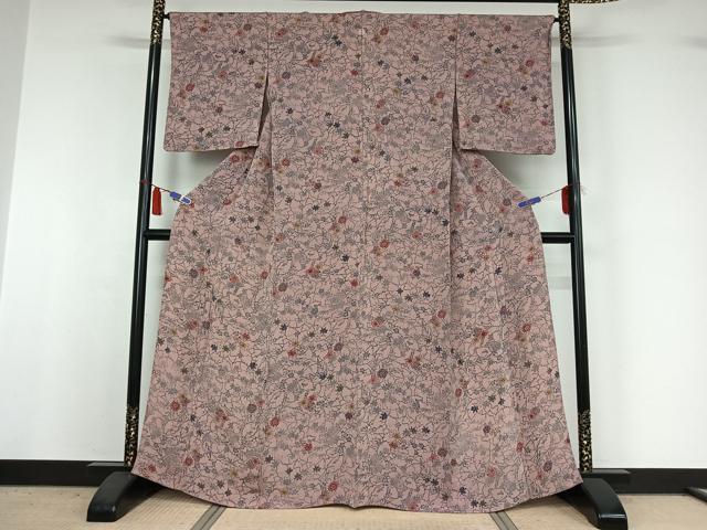 平和屋着物▽上質な小紋　単衣　型染め　草花文　鬼しぼ縮緬　正絹　逸品　AABI4991jh