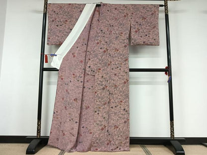 平和屋着物▽上質な小紋　単衣　型染め　草花文　鬼しぼ縮緬　正絹　逸品　AABI4991jh