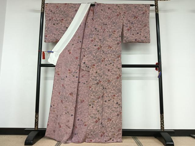 平和屋着物▽上質な小紋　単衣　型染め　草花文　鬼しぼ縮緬　正絹　逸品　AABI4991jh