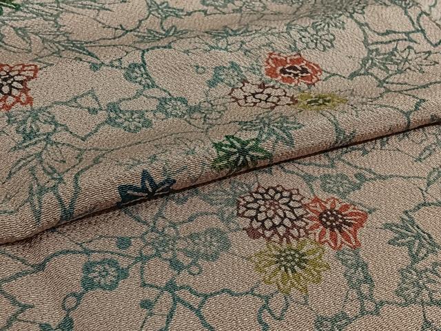 平和屋着物▽上質な小紋　単衣　型染め　草花文　鬼しぼ縮緬　正絹　逸品　AABI4991jh