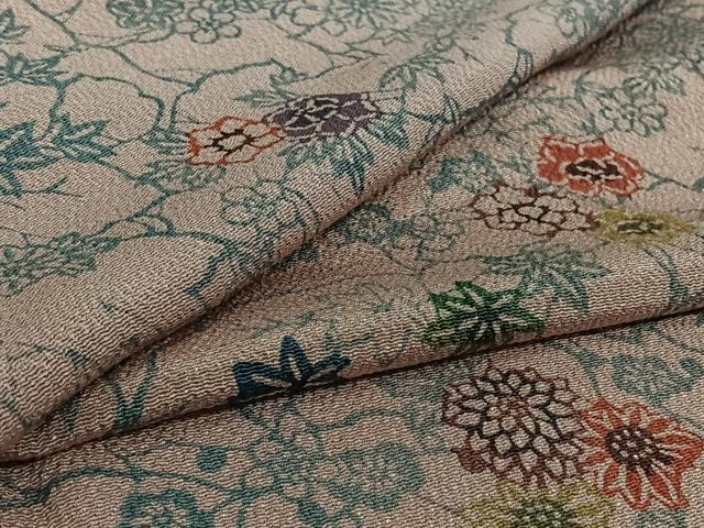 平和屋着物▽上質な小紋　単衣　型染め　草花文　鬼しぼ縮緬　正絹　逸品　AABI4991jh