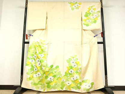 平和屋着物▽訪問着　単衣　草花文　暈し染め　金彩　正絹　逸品　AABI5003jh