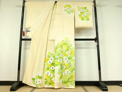 平和屋着物▽訪問着　単衣　草花文　暈し染め　金彩　正絹　逸品　AABI5003jh