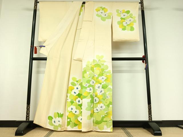 平和屋着物▽訪問着　単衣　草花文　暈し染め　金彩　正絹　逸品　AABI5003jh
