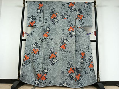 平和屋着物▽上質な小紋　単衣　草花文　たたき染め　正絹　逸品　AABI5004jh