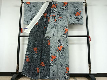 平和屋着物▽上質な小紋　単衣　草花文　たたき染め　正絹　逸品　AABI5004jh