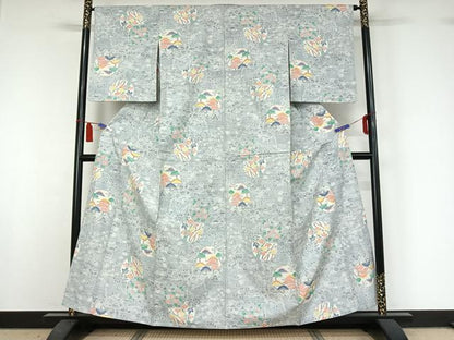 平和屋着物▽上質な紬　単衣　草花文　正絹　逸品　AABI5005jh