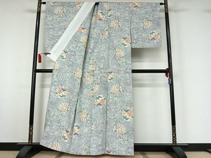 平和屋着物▽上質な紬　単衣　草花文　正絹　逸品　AABI5005jh