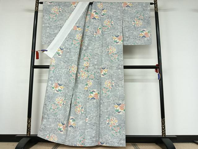 平和屋着物▽上質な紬　単衣　草花文　正絹　逸品　AABI5005jh